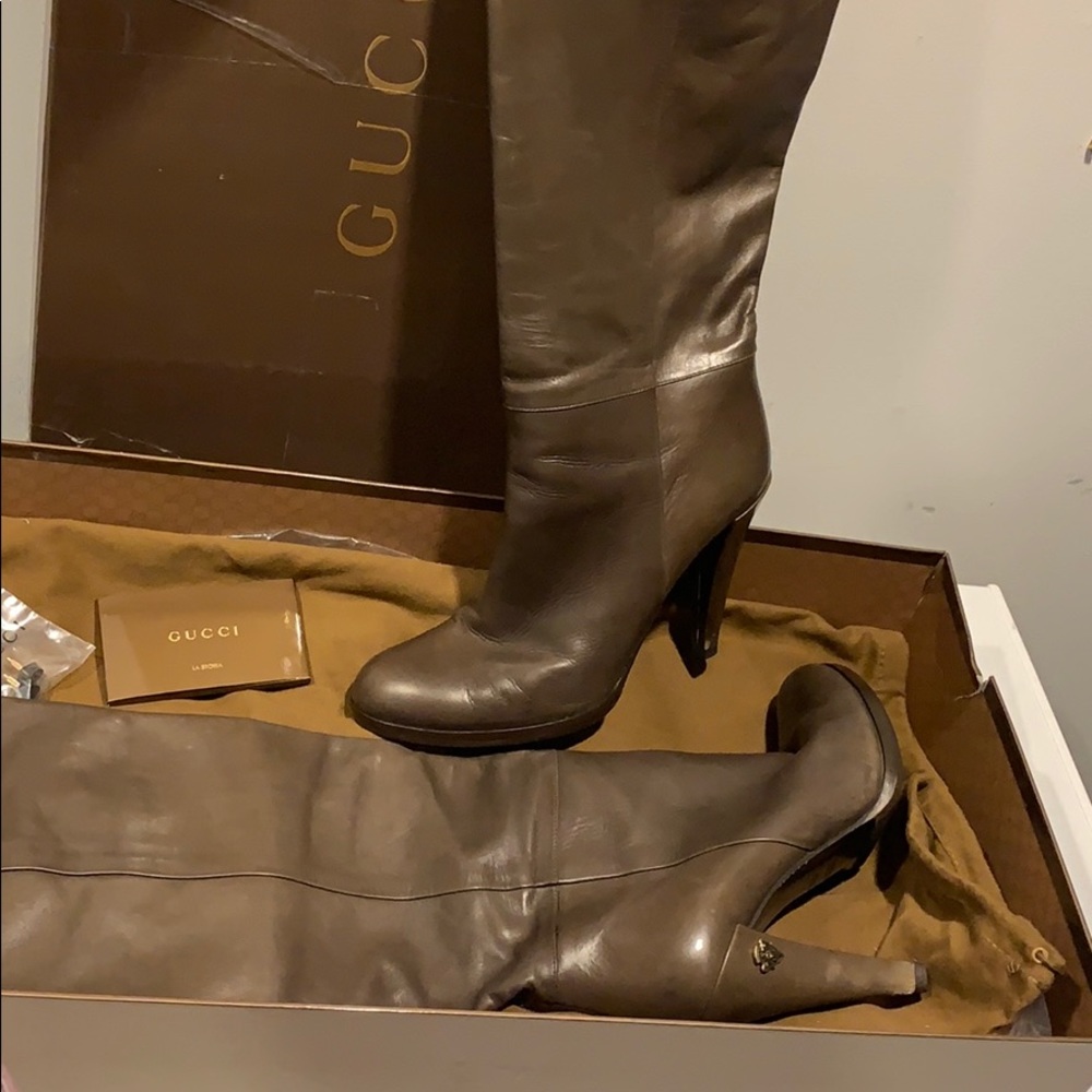 Gucci Taupe Leather Knee High Boots